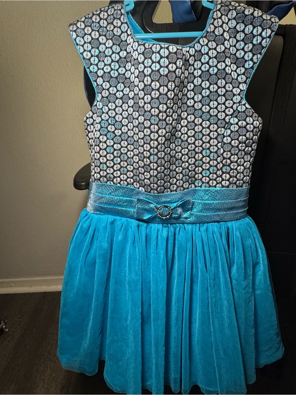 Girls' Turquoise & Black Patterned Formal Dress with Shimmer Sash